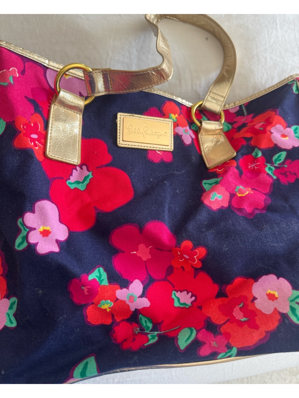 Lilly Pulitzer Navy Floral Tote with Gold Handles